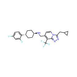 Fc1ccc([C@H]2CC[C@H](NCc3ccn4c(CC5CC5)nnc4c3C(F)(F)F)CC2)c(F)c1 ZINC000140086026