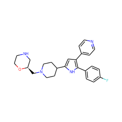 Fc1ccc(-c2[nH]c(C3CCN(C[C@@H]4CNCCO4)CC3)cc2-c2ccncc2)cc1 ZINC000029126004