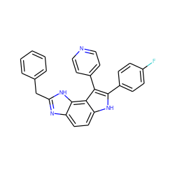 Fc1ccc(-c2[nH]c3ccc4nc(Cc5ccccc5)[nH]c4c3c2-c2ccncc2)cc1 ZINC000013487224