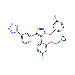 Fc1ccc(-c2c(-c3cc(-c4nn[nH]n4)ccn3)ncn2Cc2cccc(Cl)c2)c(OCC2CC2)c1 ZINC000225932380