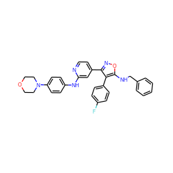 Fc1ccc(-c2c(-c3ccnc(Nc4ccc(N5CCOCC5)cc4)c3)noc2NCc2ccccc2)cc1 ZINC000103235678