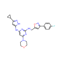 Fc1ccc(-c2cc(CNc3nc(Nc4cc(C5CC5)n[nH]4)cc(N4CCOCC4)n3)on2)cc1 ZINC000140183874