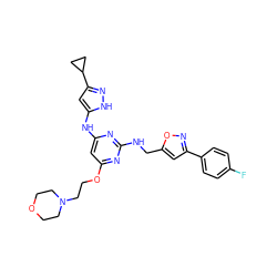 Fc1ccc(-c2cc(CNc3nc(Nc4cc(C5CC5)n[nH]4)cc(OCCN4CCOCC4)n3)on2)cc1 ZINC000140684370