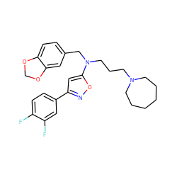 Fc1ccc(-c2cc(N(CCCN3CCCCCC3)Cc3ccc4c(c3)OCO4)on2)cc1F ZINC000013437552