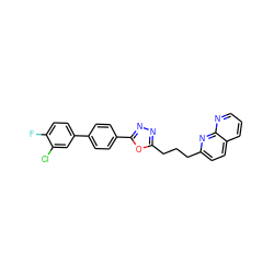 Fc1ccc(-c2ccc(-c3nnc(CCCc4ccc5cccnc5n4)o3)cc2)cc1Cl ZINC000095572400