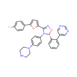 Fc1ccc(-c2ccc(C3=NO[C@H](c4ccccc4-c4cncnc4)N3c3ccc(N4CCNCC4)cc3)o2)cc1 ZINC000084653495