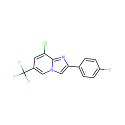 Fc1ccc(-c2cn3cc(C(F)(F)F)cc(Cl)c3n2)cc1 ZINC000001399532