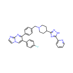 Fc1ccc(-c2cn3ccnc3nc2-c2ccc(CN3CCC(c4n[nH]c(-c5ccccn5)n4)CC3)cc2)cc1 ZINC000261189321