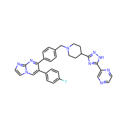 Fc1ccc(-c2cn3ccnc3nc2-c2ccc(CN3CCC(c4n[nH]c(-c5cnccn5)n4)CC3)cc2)cc1 ZINC000167140089