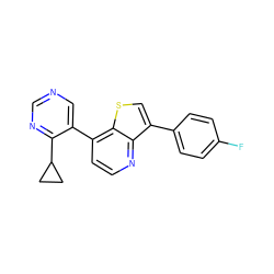 Fc1ccc(-c2csc3c(-c4cncnc4C4CC4)ccnc23)cc1 ZINC000205214036