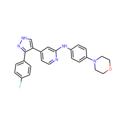 Fc1ccc(-c2n[nH]cc2-c2ccnc(Nc3ccc(N4CCOCC4)cc3)c2)cc1 ZINC000103235647