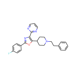 Fc1ccc(-c2nc(-c3ncccn3)c(C3CCN(CCc4ccccc4)CC3)o2)cc1 ZINC000142708735