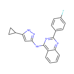 Fc1ccc(-c2nc(Nc3cc(C4CC4)[nH]n3)c3ccccc3n2)cc1 ZINC000084596962