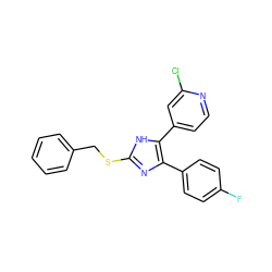 Fc1ccc(-c2nc(SCc3ccccc3)[nH]c2-c2ccnc(Cl)c2)cc1 ZINC000026967369