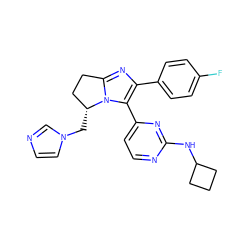 Fc1ccc(-c2nc3n(c2-c2ccnc(NC4CCC4)n2)[C@H](Cn2ccnc2)CC3)cc1 ZINC000028966662