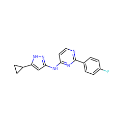 Fc1ccc(-c2nccc(Nc3cc(C4CC4)[nH]n3)n2)cc1 ZINC000084618317