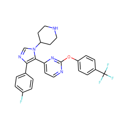 Fc1ccc(-c2ncn(C3CCNCC3)c2-c2ccnc(Oc3ccc(C(F)(F)F)cc3)n2)cc1 ZINC000036127063