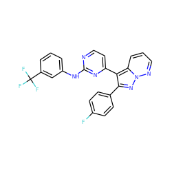 Fc1ccc(-c2nn3ncccc3c2-c2ccnc(Nc3cccc(C(F)(F)F)c3)n2)cc1 ZINC000013582674