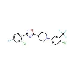 Fc1ccc(-c2noc(C3CCN(c4ccc(Cl)c(C(F)(F)F)c4)CC3)n2)c(Cl)c1 ZINC000040918681