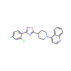 Fc1ccc(-c2noc(C3CCN(c4ccnc5ccccc45)CC3)n2)c(Cl)c1 ZINC000040918850