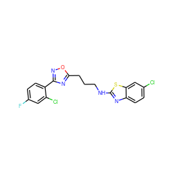 Fc1ccc(-c2noc(CCCNc3nc4ccc(Cl)cc4s3)n2)c(Cl)c1 ZINC000040973712