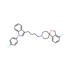 Fc1ccc(-n2cc(CCCCN3CCC4(CC3)OCc3c(F)cccc34)c3ccccc32)cc1 ZINC000013741540