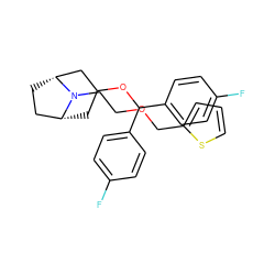 Fc1ccc(C(OC2C[C@@H]3CC[C@H](C2)N3CCOCc2cccs2)c2ccc(F)cc2)cc1 ZINC000013580493