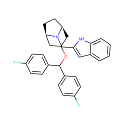 Fc1ccc(C(OC2C[C@@H]3CC[C@H](C2)N3Cc2cc3ccccc3[nH]2)c2ccc(F)cc2)cc1 ZINC000013864099