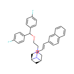 Fc1ccc(C(OCCN2C[C@@H]3C[C@H](C2)N3C/C=C/c2ccc3ccccc3c2)c2ccc(F)cc2)cc1 ZINC000028713799