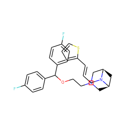 Fc1ccc(C(OCCN2C[C@@H]3C[C@H](C2)N3C/C=C/c2cccs2)c2ccc(F)cc2)cc1 ZINC000028713797