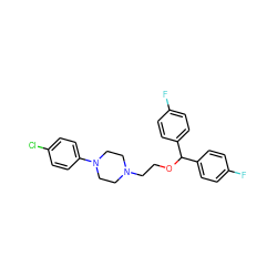 Fc1ccc(C(OCCN2CCN(c3ccc(Cl)cc3)CC2)c2ccc(F)cc2)cc1 ZINC001772604246