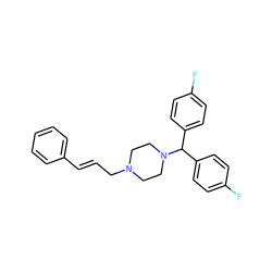 Fc1ccc(C(c2ccc(F)cc2)N2CCN(C/C=C/c3ccccc3)CC2)cc1 ZINC000019360739