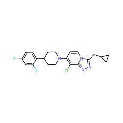 Fc1ccc(C2CCN(c3ccn4c(CC5CC5)nnc4c3Cl)CC2)c(F)c1 ZINC000095559538