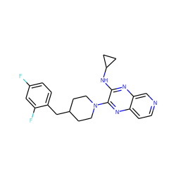 Fc1ccc(CC2CCN(c3nc4ccncc4nc3NC3CC3)CC2)c(F)c1 ZINC000653665383