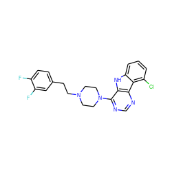 Fc1ccc(CCN2CCN(c3ncnc4c3[nH]c3cccc(Cl)c34)CC2)cc1F ZINC000100778987