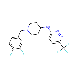 Fc1ccc(CN2CCC(Nc3ccc(C(F)(F)F)nn3)CC2)cc1F ZINC000034951380