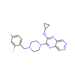 Fc1ccc(CN2CCN(c3nc4cnncc4nc3NC3CC3)CC2)c(F)c1 ZINC000653682156