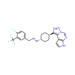 Fc1ccc(CNC[C@H]2CC[C@H](c3nnn4cnc5[nH]ccc5c34)CC2)cc1C(F)(F)F ZINC001772615297