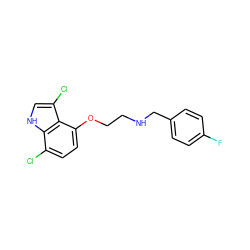 Fc1ccc(CNCCOc2ccc(Cl)c3[nH]cc(Cl)c23)cc1 ZINC000001903132