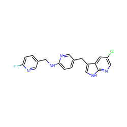 Fc1ccc(CNc2ccc(Cc3c[nH]c4ncc(Cl)cc34)cn2)cn1 ZINC000117436173