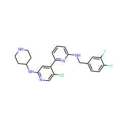 Fc1ccc(CNc2cccc(-c3cc(NC4CCNCC4)ncc3Cl)n2)cc1F ZINC000169703672