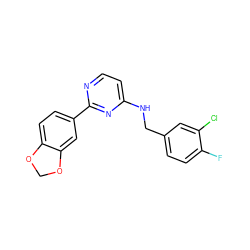 Fc1ccc(CNc2ccnc(-c3ccc4c(c3)OCO4)n2)cc1Cl ZINC000096271406