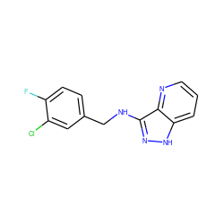 Fc1ccc(CNc2n[nH]c3cccnc23)cc1Cl ZINC000166964158