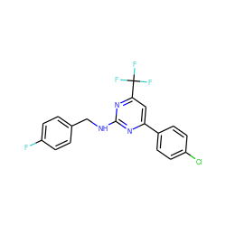 Fc1ccc(CNc2nc(-c3ccc(Cl)cc3)cc(C(F)(F)F)n2)cc1 ZINC000004757711