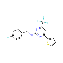 Fc1ccc(CNc2nc(-c3cccs3)cc(C(F)(F)F)n2)cc1 ZINC000003894542