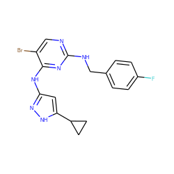 Fc1ccc(CNc2ncc(Br)c(Nc3cc(C4CC4)[nH]n3)n2)cc1 ZINC000040873373