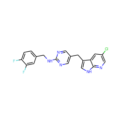 Fc1ccc(CNc2ncc(Cc3c[nH]c4ncc(Cl)cc34)cn2)cc1F ZINC000117424920