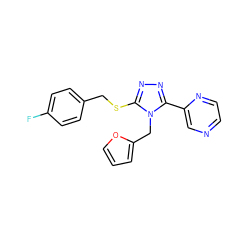 Fc1ccc(CSc2nnc(-c3cnccn3)n2Cc2ccco2)cc1 ZINC000004313074