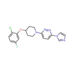 Fc1ccc(Cl)c(OC2CCN(c3ccc(-n4ccnc4)nn3)CC2)c1 ZINC000028655461