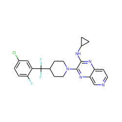 Fc1ccc(Cl)cc1C(F)(F)C1CCN(c2nc3cnccc3nc2NC2CC2)CC1 ZINC000653663544